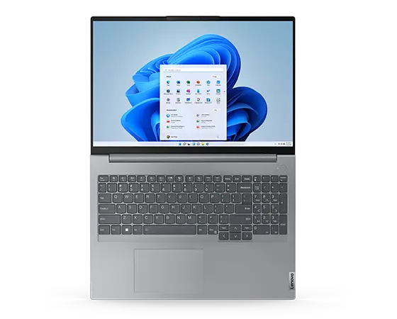 Overhead shot of the Lenovo ThinkBook 16 Gen 6 laptop open 180 degrees, showcasing keyboard & display.