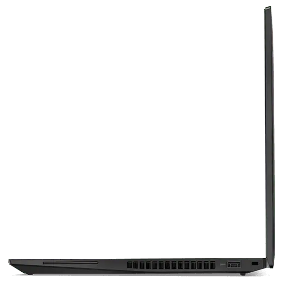 Right-side profile of the Lenovo ThinkPad T16 Gen 2 laptop open 90 degrees.