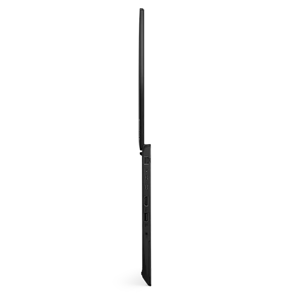 Lenovo ThinkPad L14 Gen 4 (14” AMD) laptop – left view, lid open 180 degrees, standing on front edge