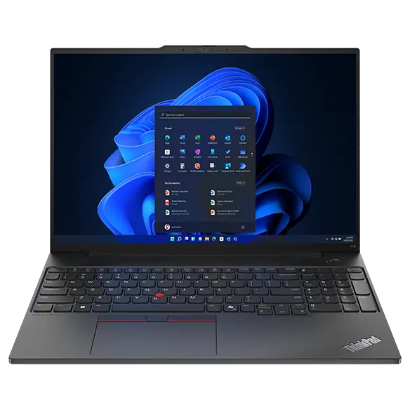 Front facing Lenovo ThinkPad E16 Gen 2 (16” Intel) laptop, opened, showing display and keyboard.
