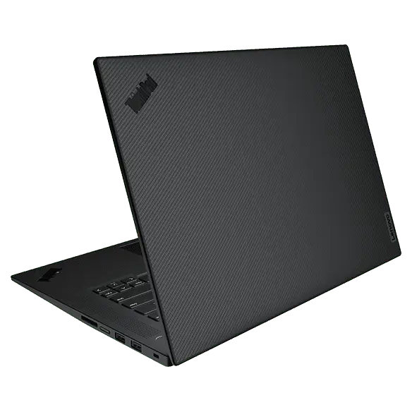 Rear-facing Lenovo ThinkPad P1 Gen 6 (16″ Intel) mobile workstation, opened at an angle, showing part of keyboard, textured top cover, & ThinkPad logo