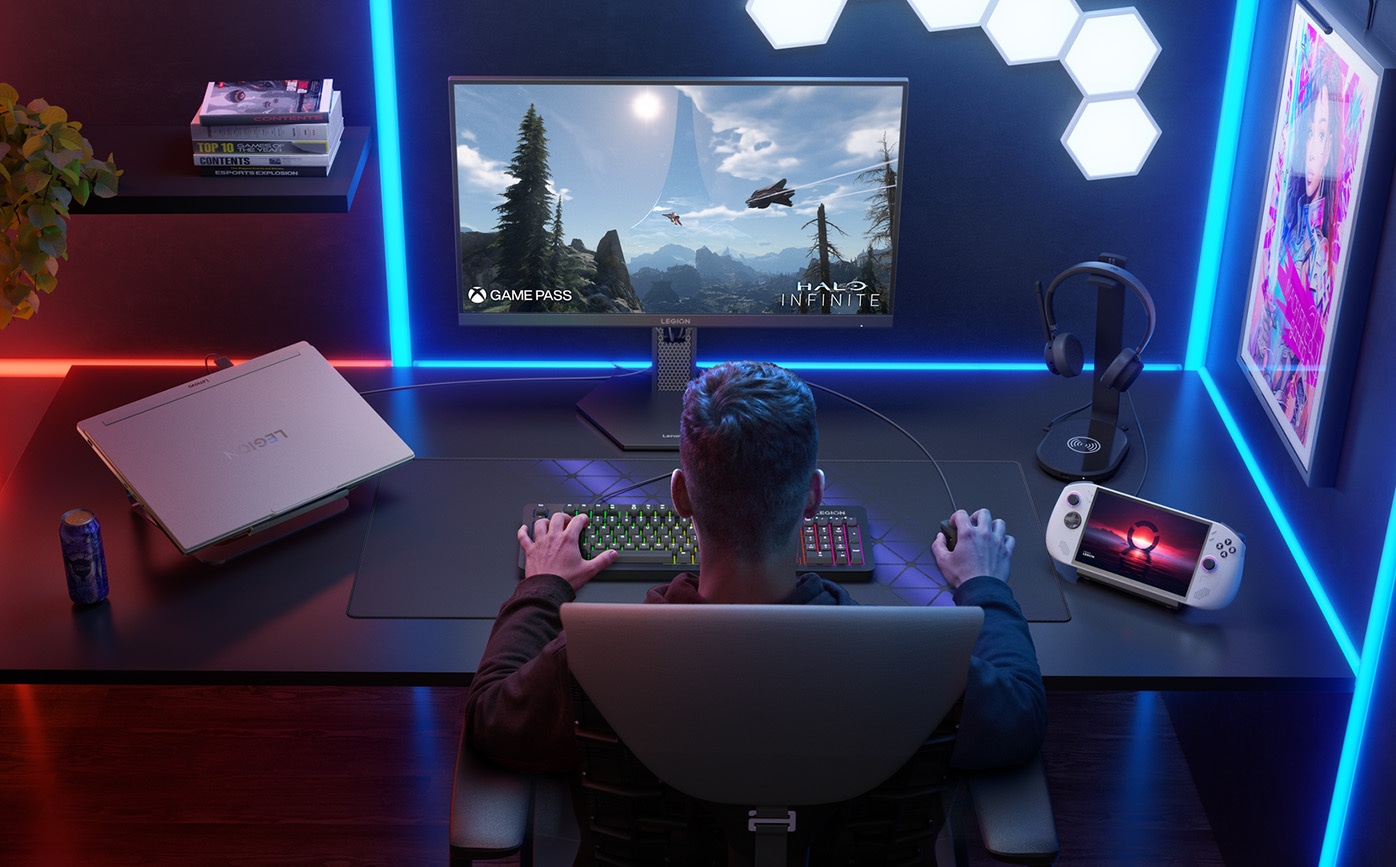 A gamer playing game with a Legion-10 monitor