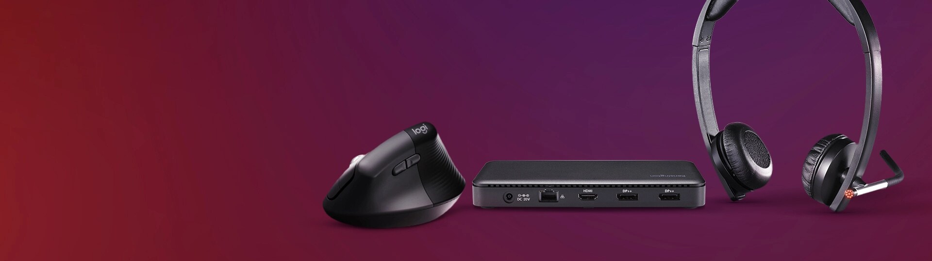 A Lenovo USB-C 10Gbps Triple Video Driverless Docking Station, a Logitech H650e Wired Stereo Headset and a Logitech Lift for Business are featured on a background.