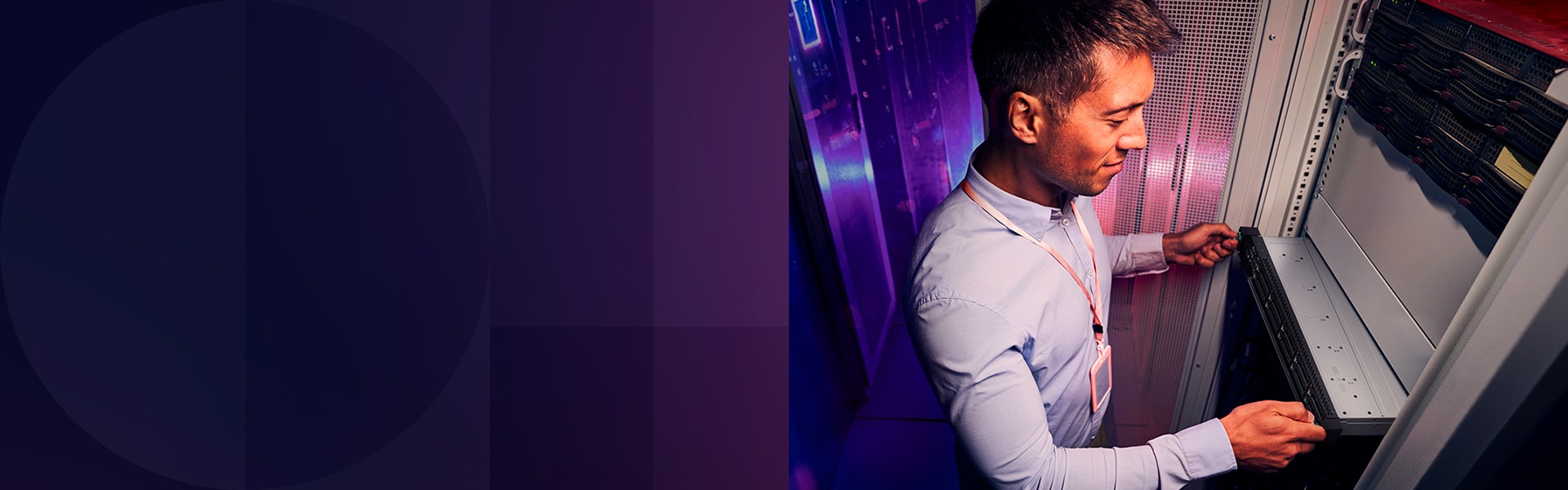 IT professional working in a data center, adjusting server hardware inside a rack with purple ambient lighting
