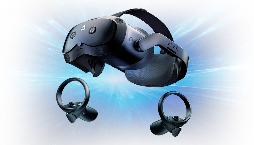 VIVE Focus Vision VR headset and controllers on a dark background with blue light effects, alongside text about immersive XR experience