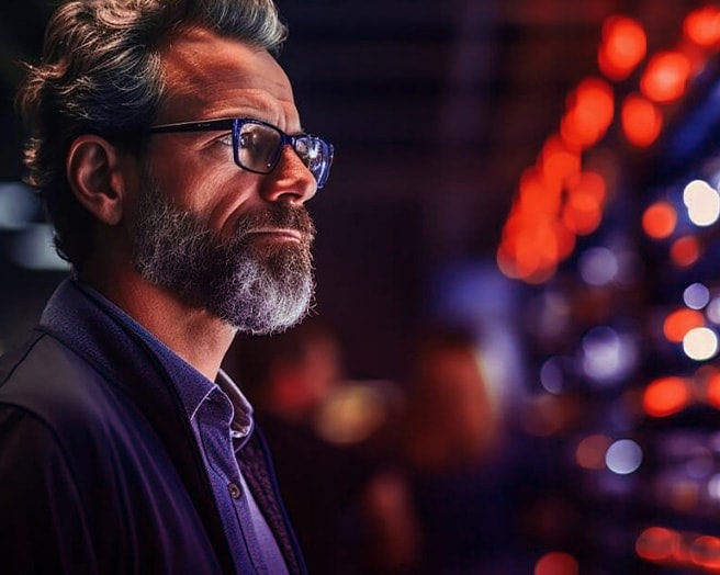 IT professional managing servers in a data center environment with colorful lighting