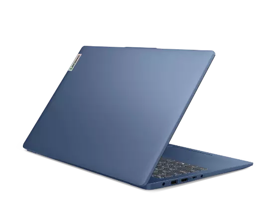 Lenovo IdeaPad Slim 3i laptop open 90 degrees, angled to show left-side ports.