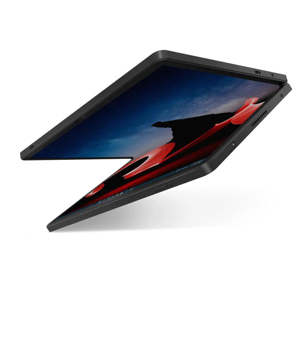 Lenovo ThinkPad X1 Fold folded over on itself, open about 40 degrees, angled to show right-side ports & vents.