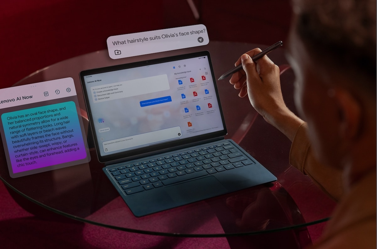 Une personne qui travaille sur la tablette Yoga Tab Plus de Lenovo utilise sa fonction Ia Maintenant de Lenovo pour clavarder avec l’assistant ia personnalisé afin d’obtenir des informations et des réponses pertinentes.