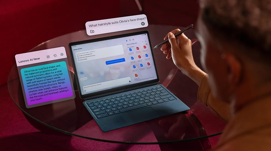 A person working on Lenovo Yoga Tab Plus, using its Lenovo AI Now feature to chat with the personalized AI assistant to get relevant insights & answers.