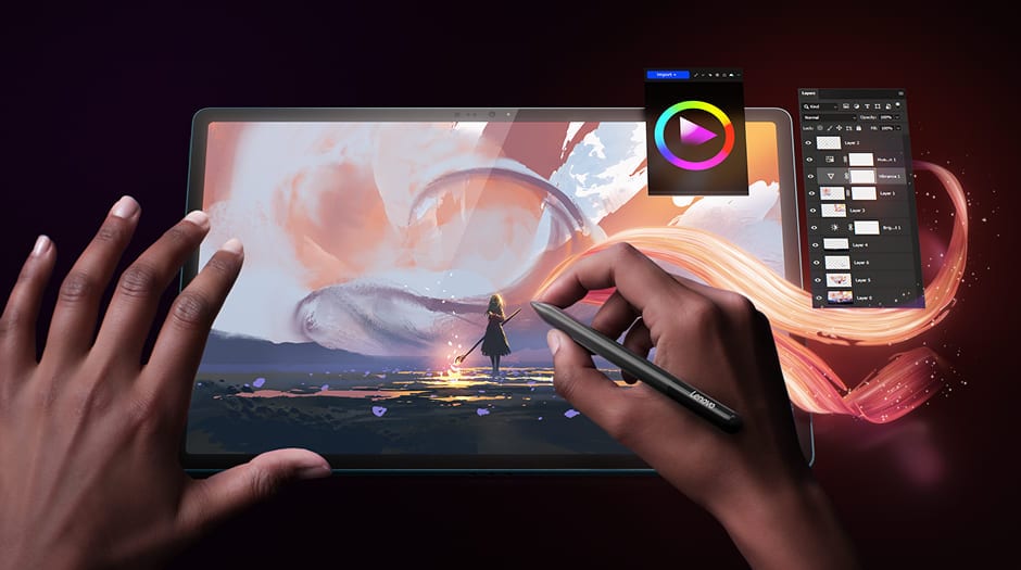 A person working on Lenovo Yoga Tab Plus with the stylus using Adobe Lightroom app to edit an image with stunning presets & color options with ease.