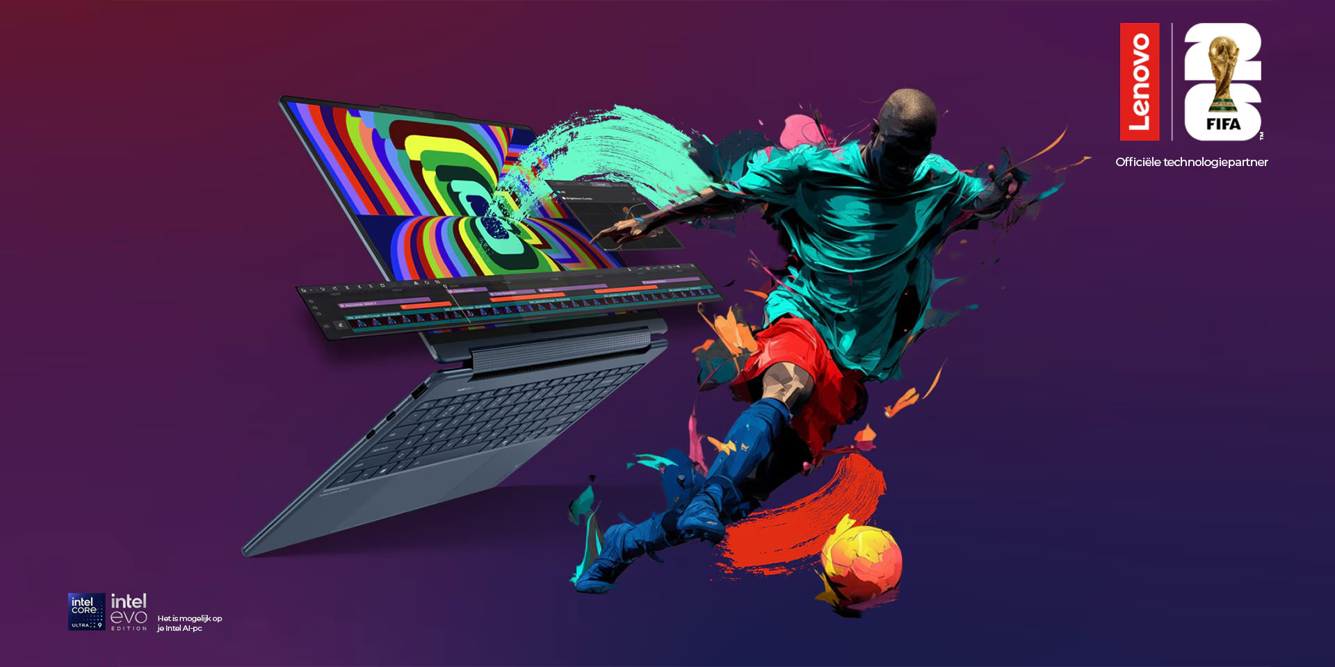 Een geïllustreerde voetballer die een bal dribbelt, lijkt uit een FIFA ’26-logo te springen op het display van een Yoga-laptop.