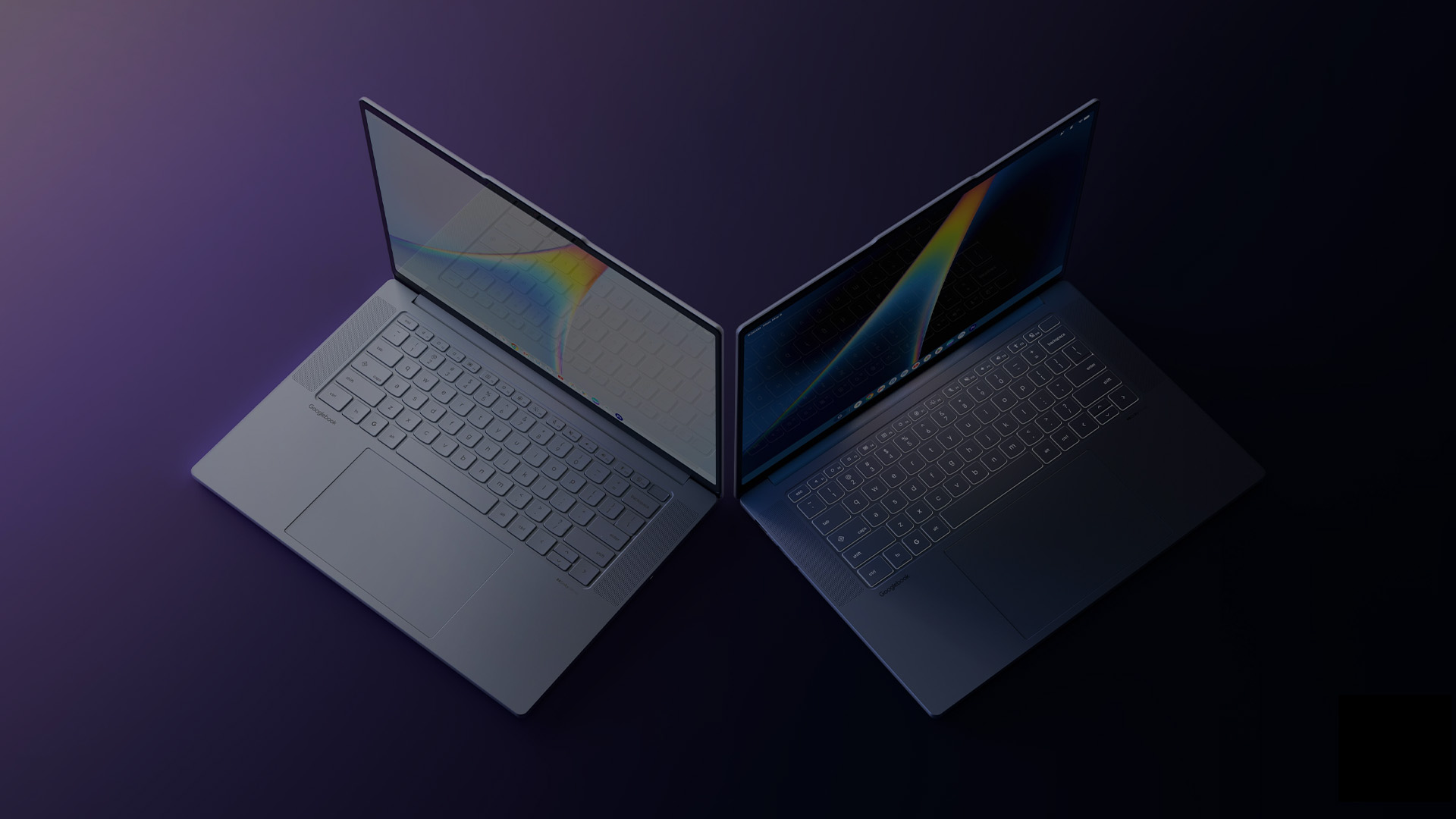 Two Lenovo Googlebook 15 laptops, lids open, presented against a dark background.