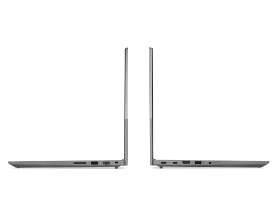 Vista lateral de dos Lenovo ThinkBook 15 de 2.ª generación mirando en direcciones opuestas y abiertos 90 grados