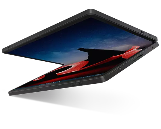 Lenovo ThinkPad X1 Fold foldable PC open about 45 degrees, showcasing right-side ports / slots & volume toggle on front.