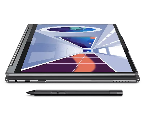 Left-side-facing Yoga 9i Gen 8 2-in-1 laptop, Storm Grey color, opened in tablet mode, showing display with animated space ship corridor and a Lenovo Precision Pen 2 stylus (included)