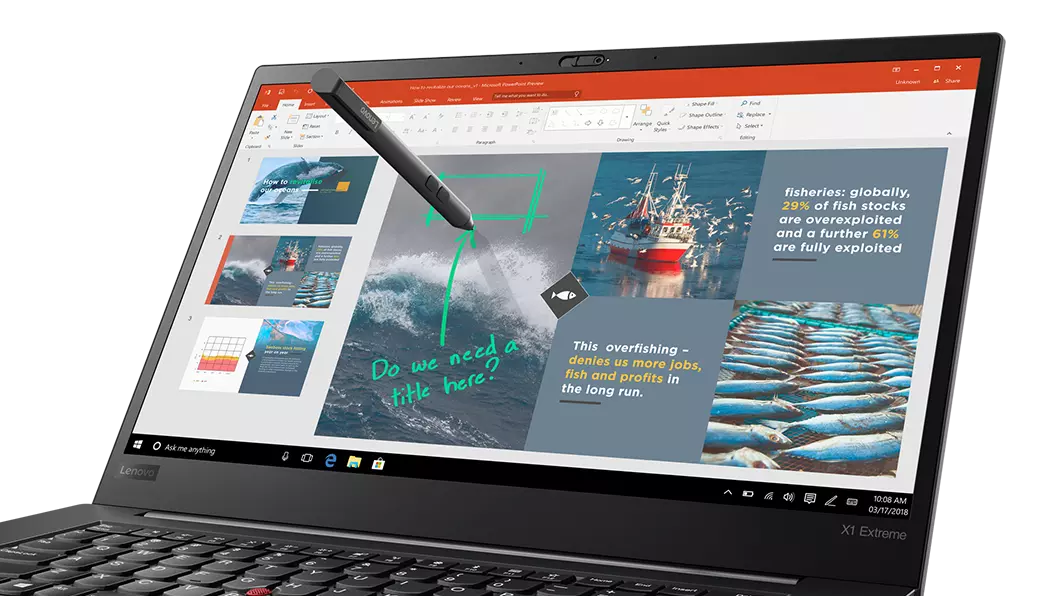 Lenovo ThinkPad X1 Extreme, view of digital pen in use on display.