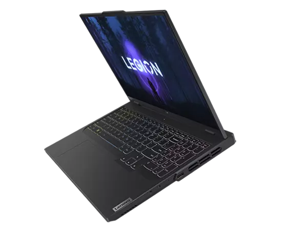 Legion Pro 5i Gen 8 (16” Intel) floating facing left with RGB backlit keyboard on and Windows 11 on the screen