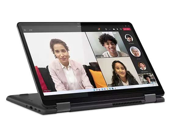 Lenovo 13w Yoga Gen 2 (13” AMD) 2-in-1 laptop—left front view in stand mode, with three videoconference participants on the display