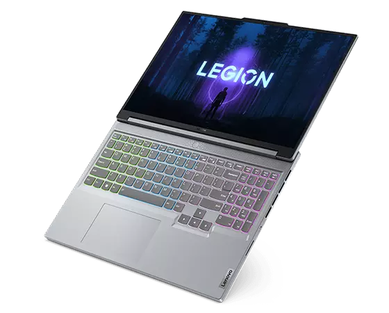 Legion Slim 5i Gen 8-laptop in Misty Grey, in 180-graden modus met verlicht RGB-toetsenbord