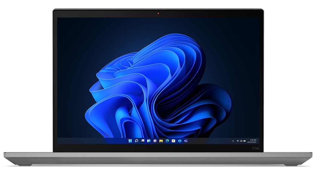 Vista frontal da workstation móvel ThinkPad P14s (3.ª geração), aberta a mostrar o ecrã