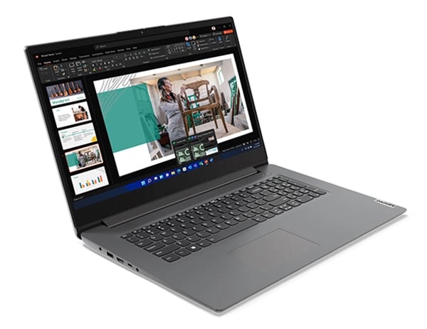 Left-side profile of Lenovo V17 Gen 4 laptop open 100 degrees showing display with someone looking at a chair keyboard  left-side ports