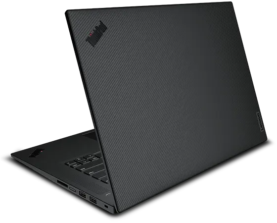 Vue arrière de la station de travail portable Lenovo ThinkPad P1 Gen 6 (16 » Intel), ouverte à un angle, montrant une partie du clavier, boîtier supérieur texturé et logo ThinkPad