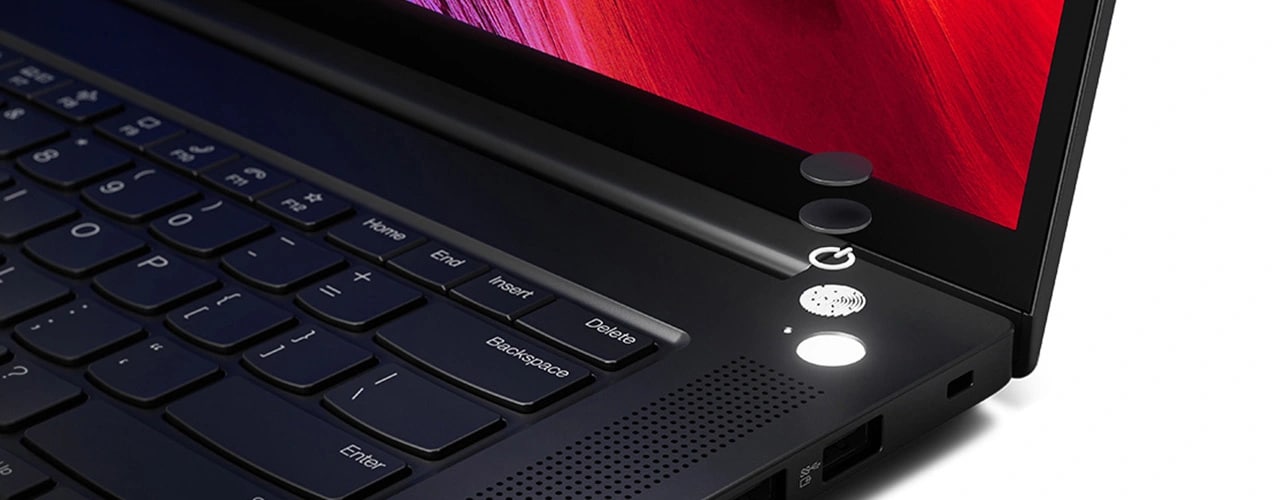 Close up of the fingerprint reader on a Lenovo ThinkPad P1 Gen 6 (16″ Intel) mobile workstation, opened at an angle, showing part of keyboard & part of display