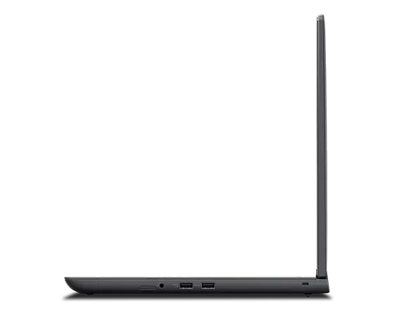 Profil droit de la station de travail portable Lenovo ThinkPad P16v (16 » Intel), ouverte à 90 degrés, montrant les bords de l’écran et du clavier et des ports du côté droit