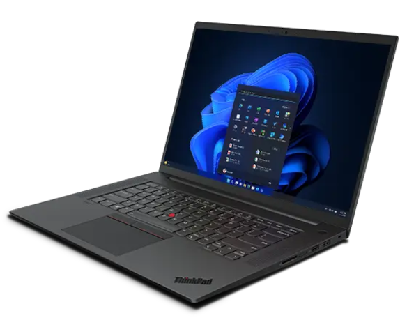 Forward-facing  Lenovo ThinkPad P1 Gen 6 (16″ Intel) mobile workstation, opened at an angle, showing full keyboard, display with Windows 11 start-up screen, & right-side ports