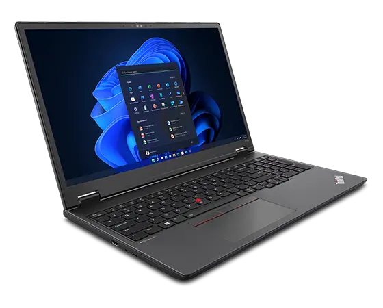 Station de travail portable Lenovo ThinkPad P16v (16 » Intel), ouverte en angle, montrant le clavier, l’écran avec écran de démarrage Windows 11 et les ports du côté gauche