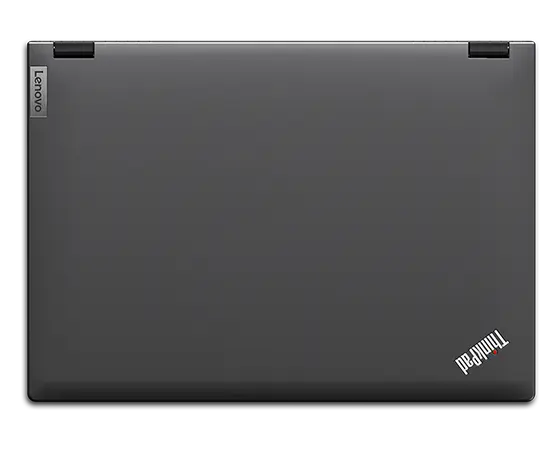 Aerial view of Lenovo ThinkPad P16v (16” Intel) mobile workstation, closed, showing top cover, hinges, & Lenovo & ThinkPad logos