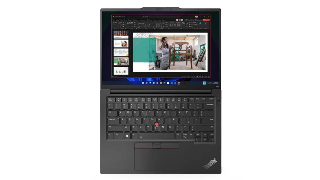 ThinkPad E14 Gen 5 (14, Intel) laptop – aerial view with lid open 180 degrees and laying flat, with slideshow on the display