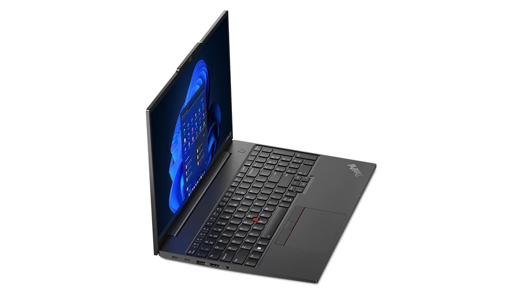 Lenovo ThinkPad E16 (16, Intel) laptop – front view from the left and slightly above, lid open, with Windows menu on the display