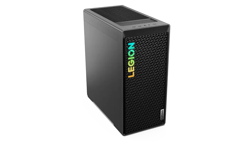 High-angle, front-left-corner view of the Legion Tower 5i Gen 8 (Intel), showing the standard left panel, mesh vented front bezel, and colorful Legion logo.