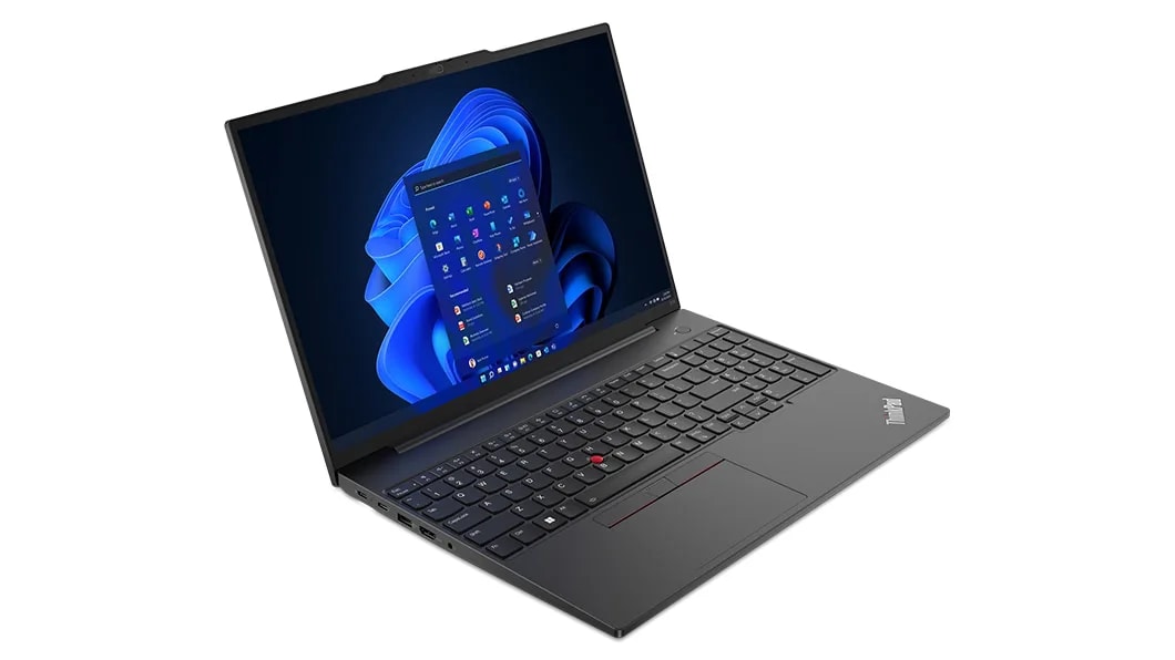 Lenovo ThinkPad E16 (16, Intel) laptop – front view from the left, lid open, with Windows menu on the display