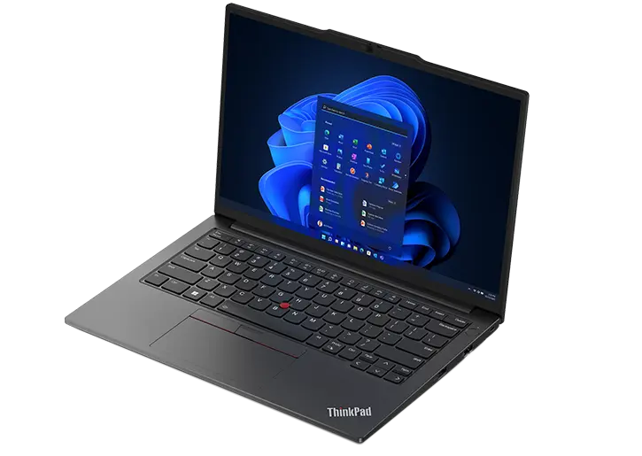 ThinkPad E14 Gen 5 (14 intel) laptop – front view from the right and above, lid open, with windows 11 startup menu on display