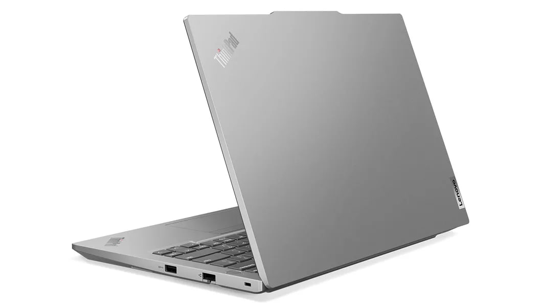 Lenovo ThinkPad E14 Gen 5 (14, AMD) laptop in Arctic Grey – rear-right view, lid partially open