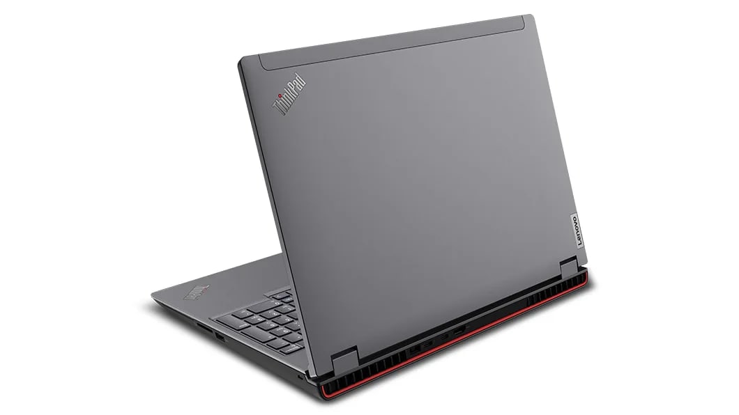 Rear side view of Lenovo ThinkPad P16 Gen 2 (16, Intel) laptop, at an angle, opened slightly, showing top cover & part of keyboard