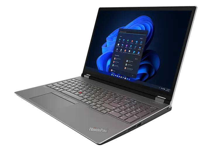 Side--facing Lenovo ThinkPad P16 Gen 2 (16, Intel) laptop, opened, showing display, Windows 11 screen, keyboard & right-side ports 