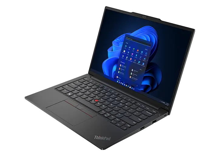 Lenovo ThinkPad E14 Gen 5 (14 amd) laptop in graphite black – front-right view, lid open, with windows 11 menu on the display