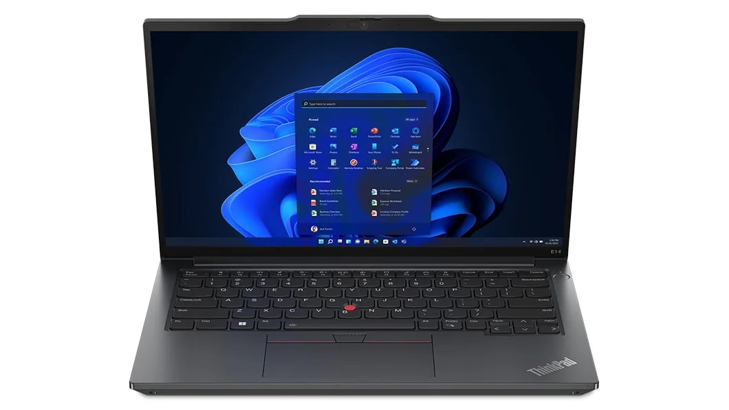 Lenovo ThinkPad E14 Gen 5 (14, AMD) laptop in Graphite Black – front view, lid open, with Windows 11 menu on the display