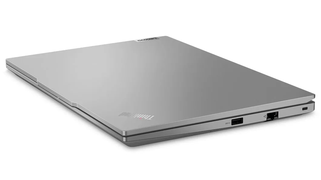 Lenovo ThinkPad E14 Gen 5 (14, AMD) laptop in Arctic Grey – angled right side view, lid closed