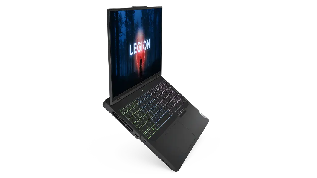 Legion 5 Pro Gen 8 (16, AMD) fully opened with screen on, angled to the right