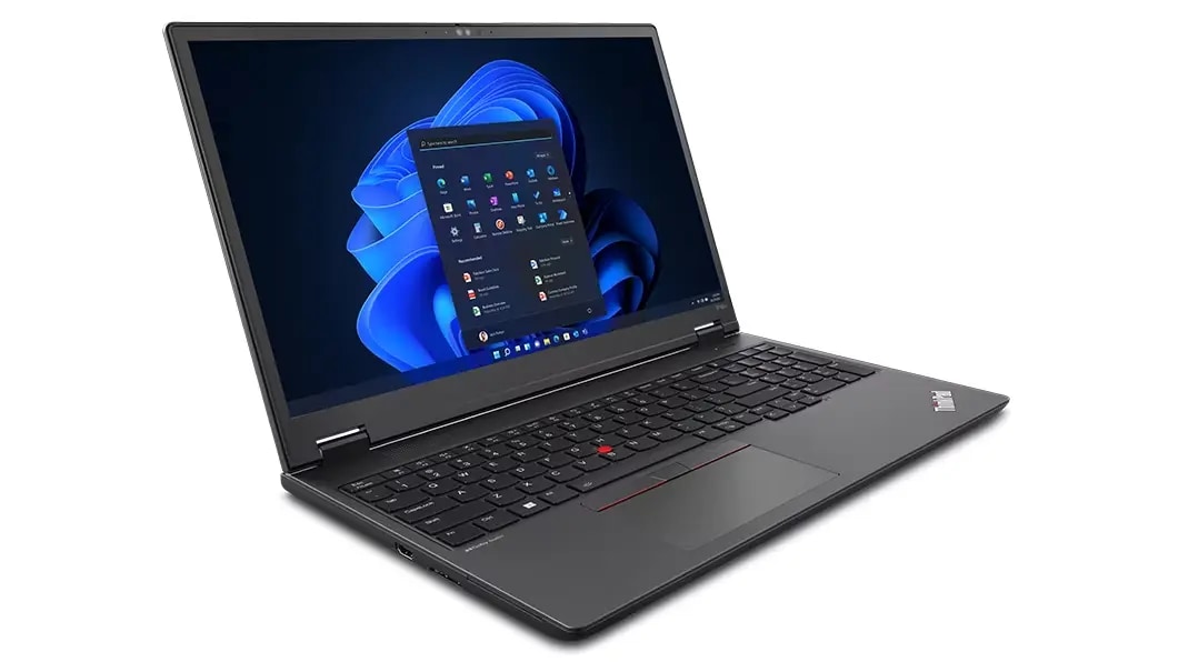 Lenovo ThinkPad P16v (16, Intel) mobile workstation, opened at an angle,  showing keyboard, display with Windows 11 start-up screen, & left-side ports