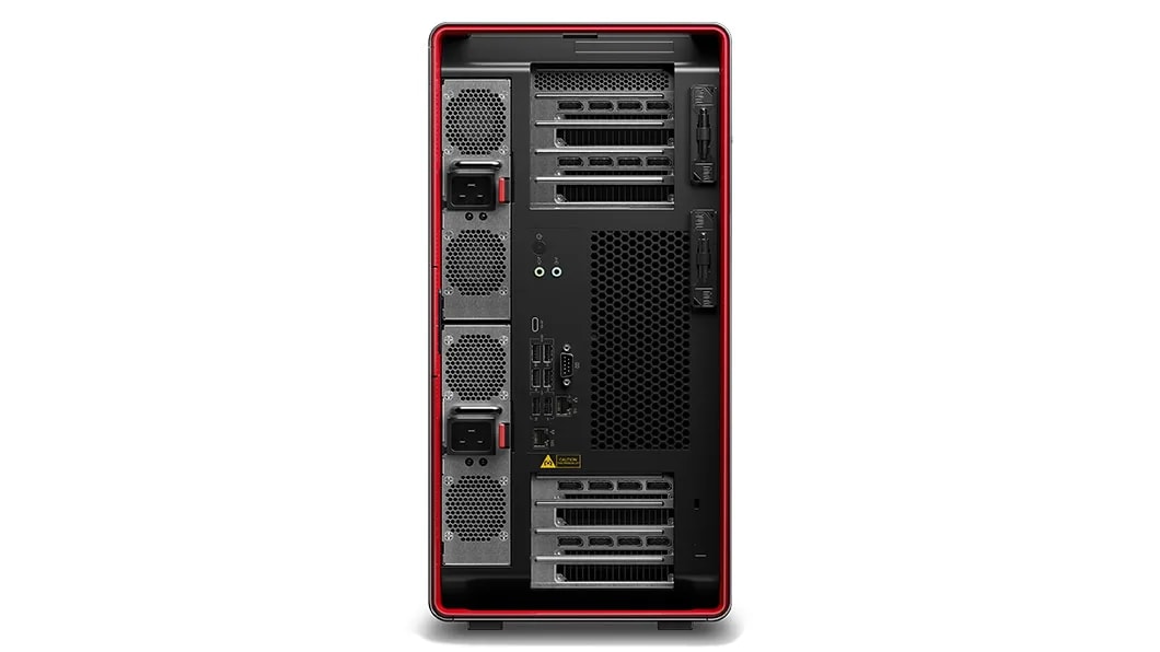 Rear view of Lenovo ThinkStation PX workstation, showing iconic ThinkPad red casing & rear ports