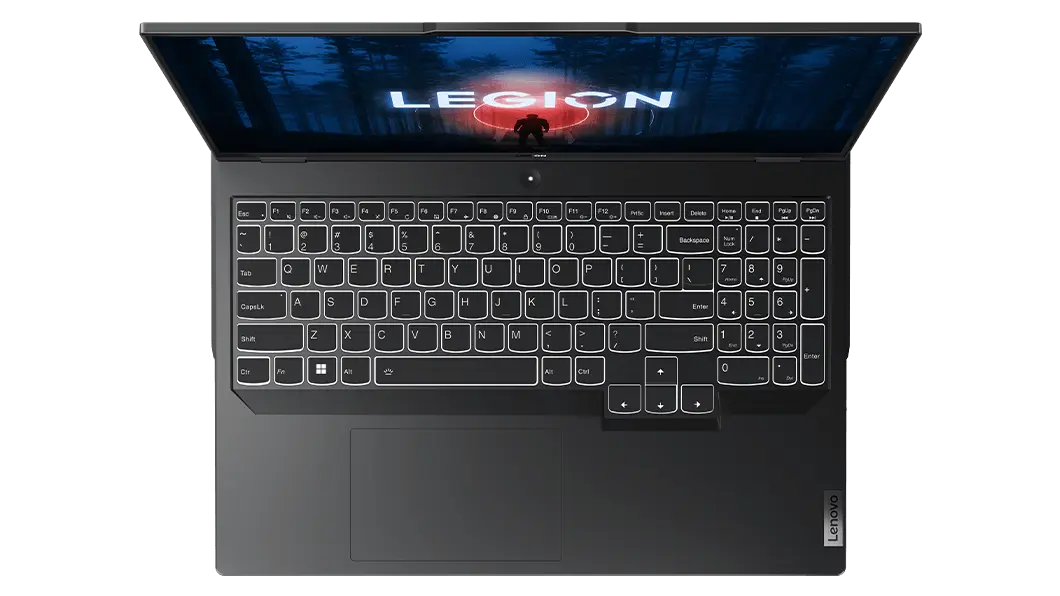 Legion 5 Pro Gen 8 (16, AMD) top view of keyboard, screen on