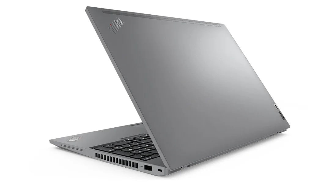 Rear side view of Lenovo ThinkPad P16s Gen 2 (16, Intel) laptop, at an angle, opened slightly, showing top cover & part of keyboard