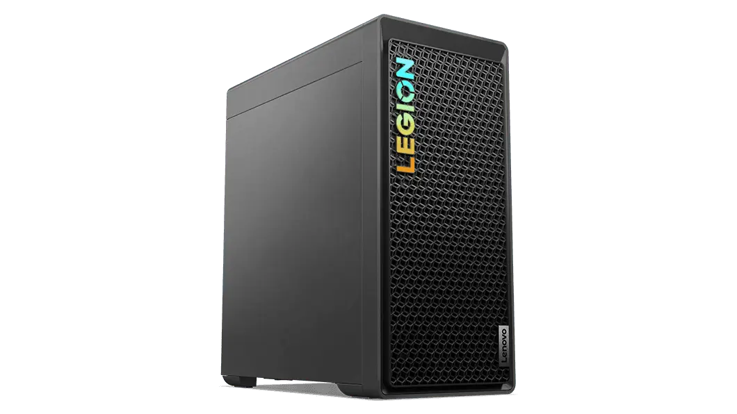 Low-angle, front-left corner view of the Legion Tower 5 Gen 8 (AMD) gaming PC showing the standard left-side panel, mesh-vented front bezel, and Legion logo.