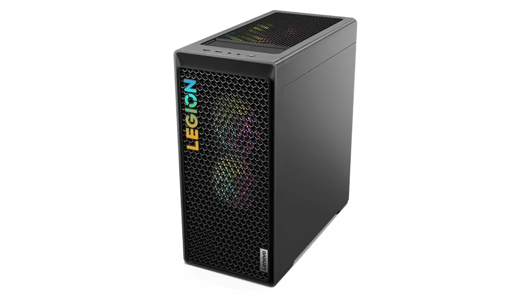 Front-right corner view of the Legion Tower 5 Gen 8 (AMD), seen from a high angle to show the top-facing ports, front bezel, and internal lighting.